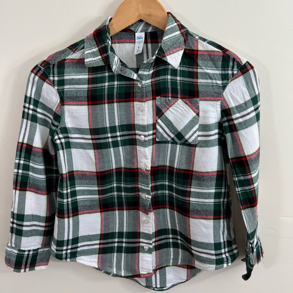 Girls Green Plaid Button Down Shirt Justice Size 8 Long Sleeve Flannel